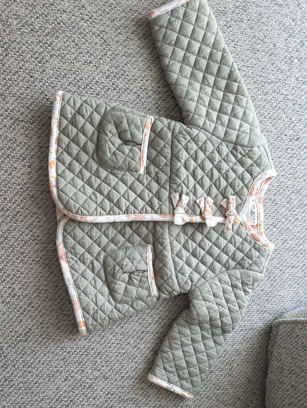 Quilted Sage Green Baby Jacket with Floral Trim